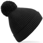 Engineered knit ribbed pom pom beanie